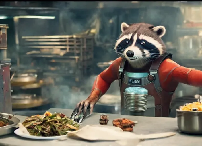 Image similar to film still of Rocket Racoon working as a food truck chef in the new Guardians of the Galaxy movie, 4k