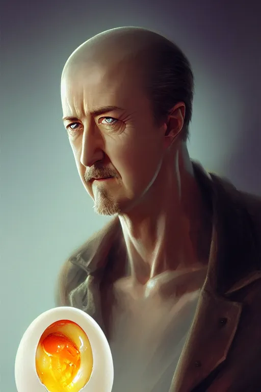 Image similar to edward norton face inside a boiled egg with the eggshell cracking and falling off, hyper detailed, digital art, artstation, cinematic lighting, studio quality, smooth render, by peter mohrbacher, hajime sorayama, wayne barlowe, boris vallejo, aaron horkey, gaston bussiere, craig mullins