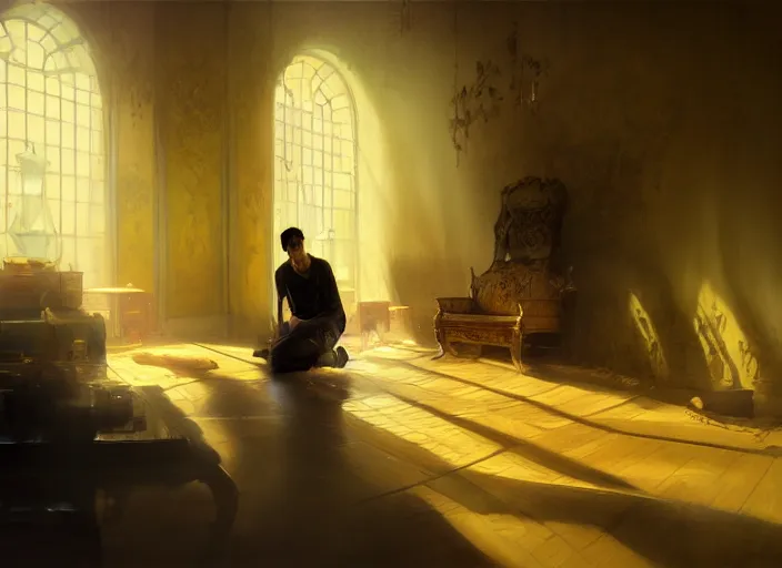 Image similar to the rich golden house and silhouette man lying on the floor alone around volumetric lighting, digital painting, highly detailed, artstation, sharp focus, illustration, concept art, ruan jia, steve mccurry, amazing composition