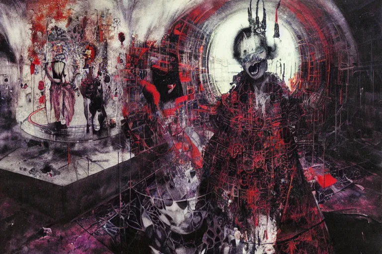 Image similar to Eventually even those who avoided the world were drawn into its madness. in a brutalist architecture space ship, gothic, rich deep colours, creepy, diabolical, dark, mystical, intrincate, maximalism, painted by Francis bacon, Adrian ghenie, James jean and Petra cortright part by Gerhard Richter, part by Takato Yamamoto. 8k masterpiece