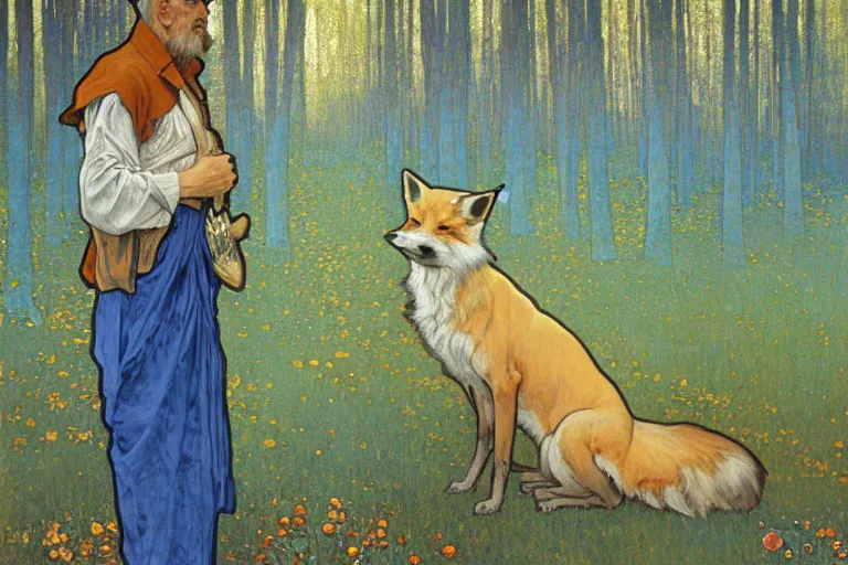 Prompt: landscape art nouveau painting of an old man dressed as a farmer and his fox in the forest, by alphonse mucha and gustav klimt and antoni gaudi, masterpiece,, warm shades of blue, silver, orange, gold, and pink, oil painting, high resolution, very detailed, oil on canvas, trending on artstation