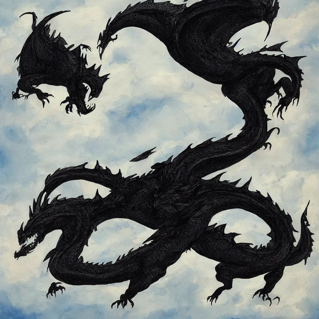 Prompt: “a painting of a large black dragon flying through the sky”