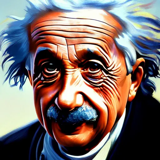 Image similar to albert einstein closeup portrait, dramatic light, lake background, 2 0 0 mm focal length, painted by stanley lau, painted by greg rutkowski, painted by stanley artgerm, digital art, trending on artstation