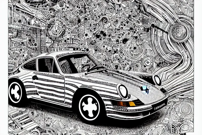 Prompt: a black and white drawing of a porsche 9 1 1, a detailed mixed media collage by hiroki tsukuda and eduardo paolozzi and moebius, intricate linework, sketchbook psychedelic doodle comic drawing, geometric, street art, polycount, deconstructivism, matte drawing, academic art, constructivism