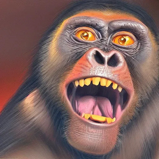 Image similar to Strong Angry Chimpanzee Screaming, Boris Vallejo, Epic, 8k resolution, ArtStation, Hyperrealistic