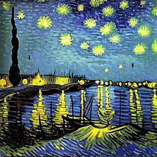 Prompt: highly detailed beautiful lake, with stars, by Van Gogh