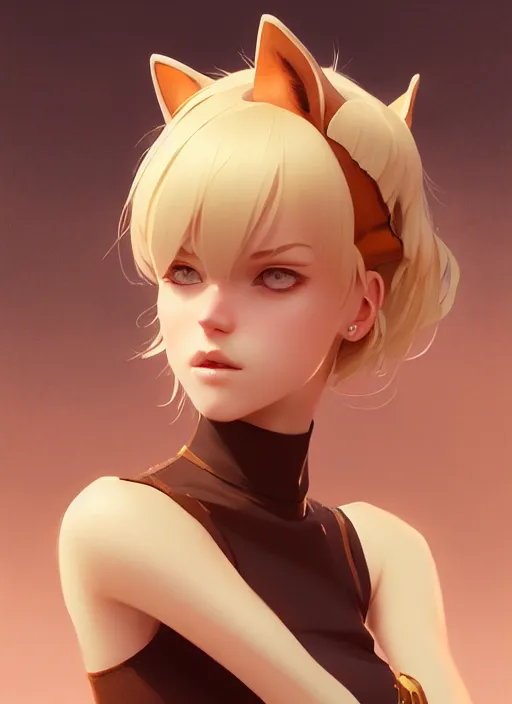 Image similar to ultradetailed beautiful panting of a stylish young lady wearing a brown foxgirl suit with cat ears, dramatic, she has blond hair, distressed, volumetric light, by greg rutkowski, ilya kuvshinov, james jean, makoto shinkai, on artstation