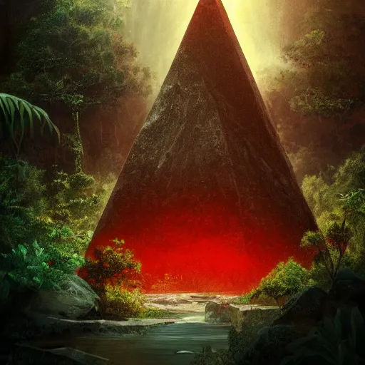 Image similar to black obsidian pyramid!! in a jungle, with a silhouette of humanoid creature by eugene von guerard, ivan shishkin, night, red lightning!!, night!, dramatic lighting, concept art, trending on artstation, 8 k