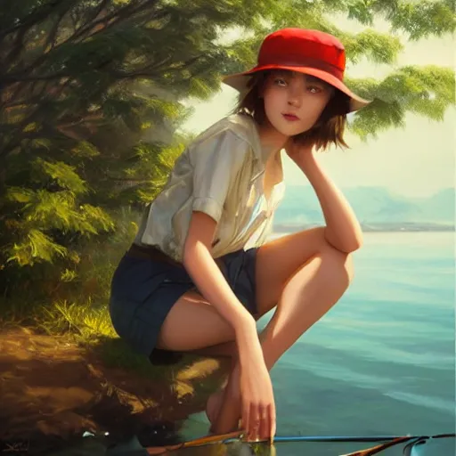 Image similar to oil painting by ilya kuvshinov,, baugh casey, artgerm craig mullins, coby whitmore, of a youthful anime girl, long hair, fishing and wearing fisherman's outfit, fisherman's hat, highly detailed, breathtaking face, studio photography, noon, intense bounced light, water reflection, large tree casting shadow, serine intense sunlight