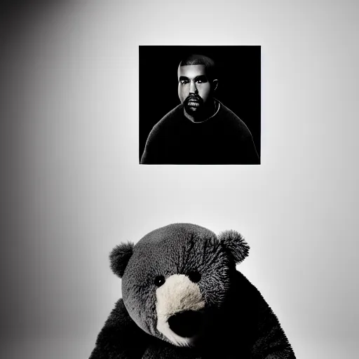 Image similar to a ( ( ( ( ( ( ( ( ( chiaroscuro lighting portrait ) ) ) ) ) ) ) ) ) ) of kanye west dressed as teddy bear mascot, black background, portrait by julia margaret cameron, shallow depth of field, 8 0 mm, f 1. 8