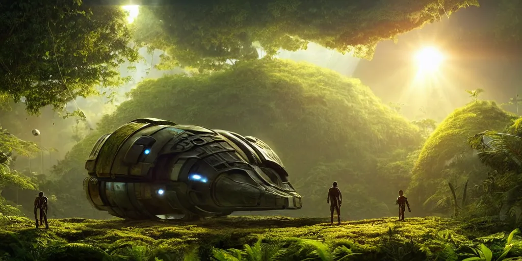 Image similar to a futuristic rusty old alien spaceship, next to it a smaller exploration ship on a landing pad, surrounded by a lush jungle, in the foreground two explorers are having a conversation and small animals are walking around, golden hour, sun beams, volumetric light, hyperdetailed, artstation, cgsociety, 8k