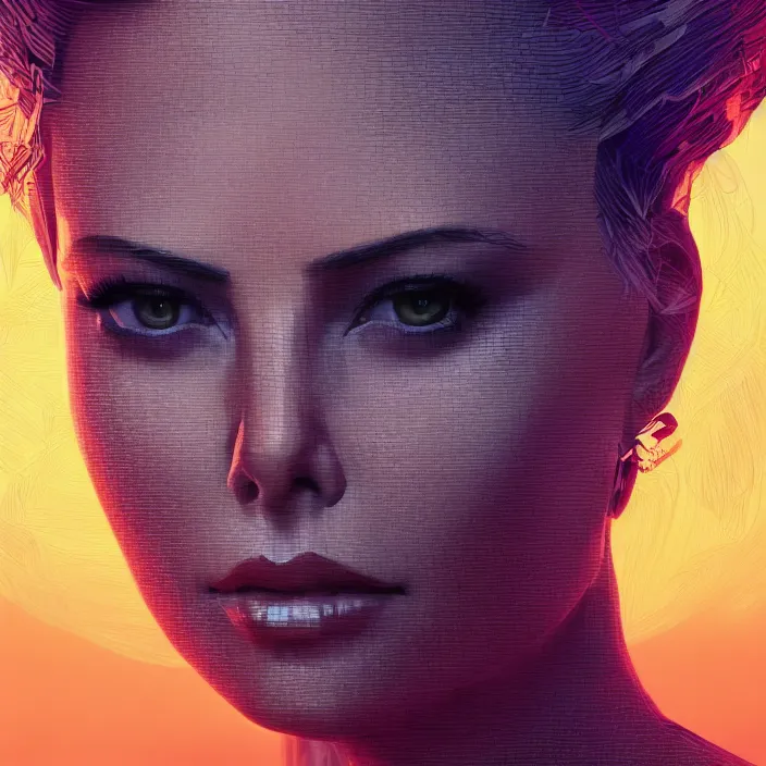 Image similar to portrait of Charlize Theron at Burning Man. intricate abstract. intricate artwork. by Tooth Wu, wlop, beeple, dan mumford. octane render, trending on artstation, greg rutkowski very coherent symmetrical artwork. cinematic, hyper realism, high detail, octane render, 8k, iridescent accents