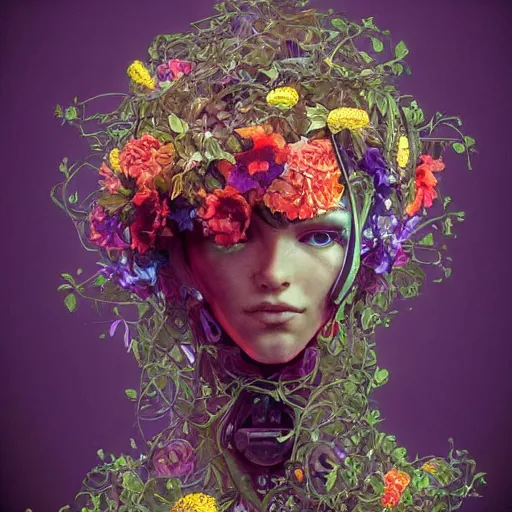 Image similar to colourful vfx art - portrait of army mecha robot wrapped in flowers & vines, art by alphonse mucha & james jean, volumetric light, ray tracing, sharp, detailed, digital painting, illustration, highly detailed, intricate detail, unreal engine, octane render, pinterest, behance, art station,