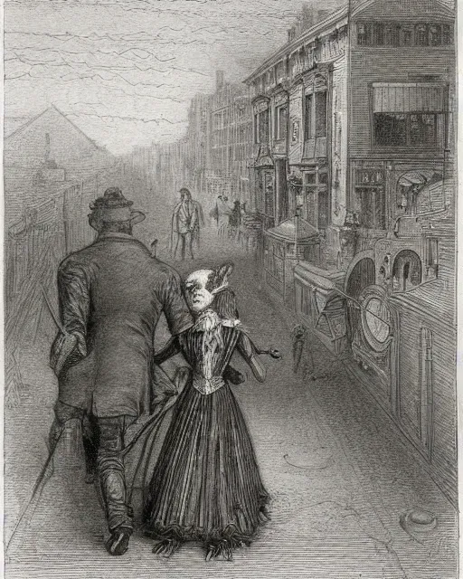 Image similar to a victorian robot walking a dog in the city by gustav dore, hyperdetailed pencil drawing