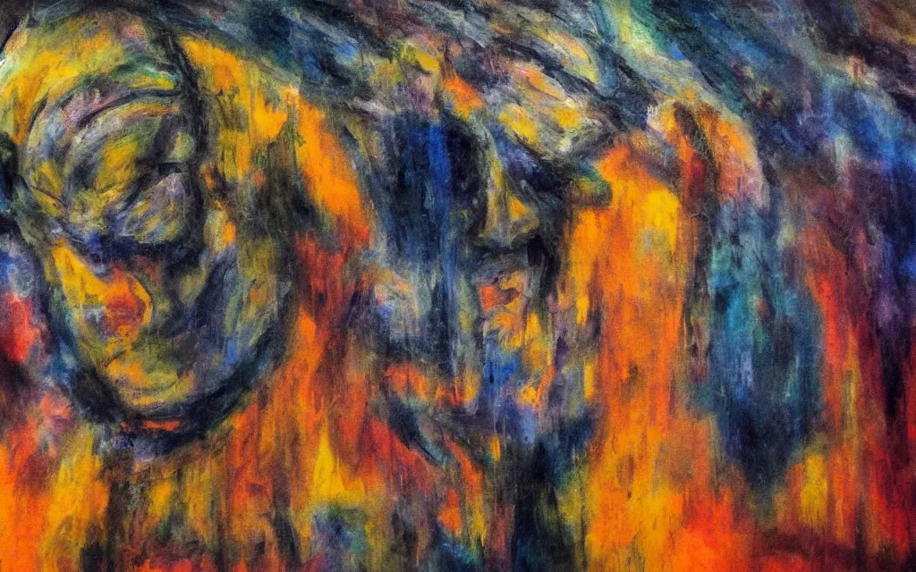 Image similar to movie still from a germen expressionist film, award winning oil painting, iridescent color palette