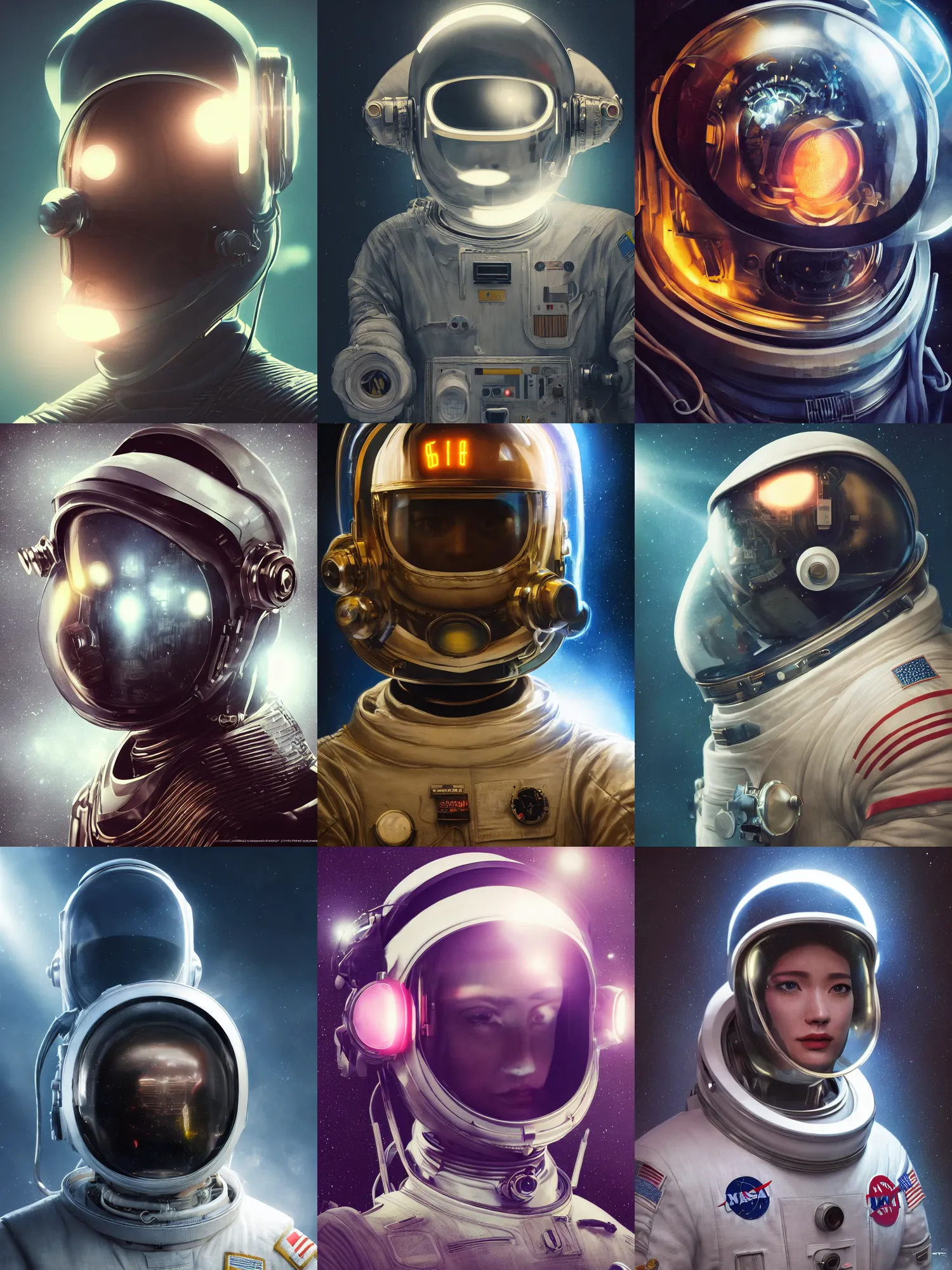 Prompt: portrait art of 8k ultra realistic retro futuristic nasa astronaut helmet, lens flare, atmosphere, glow, detailed,intricate,blade runner, cybernetic, full of colour, cinematic lighting, trending on artstation, 4k, hyperrealistic, focused, extreme details,unreal engine 5, cinematic, masterpiece, art by ayami kojima, giger