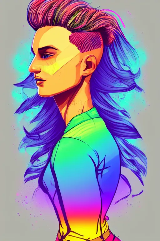 Image similar to a award winning half body portrait of a beautiful woman with stunning eyes in a printed croptop and cargo pants with rainbow colored ombre hairstyle head in motion and hair flying by josan gonzales, outrun, vaporware, shaded flat illustration, digital art, trending on artstation, highly detailed, fine detail, intricate