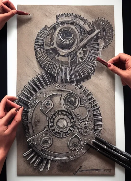 Image similar to A large mechanical gear, by artgerm, mixed media on toned paper, 2021, very detailed, coffee art