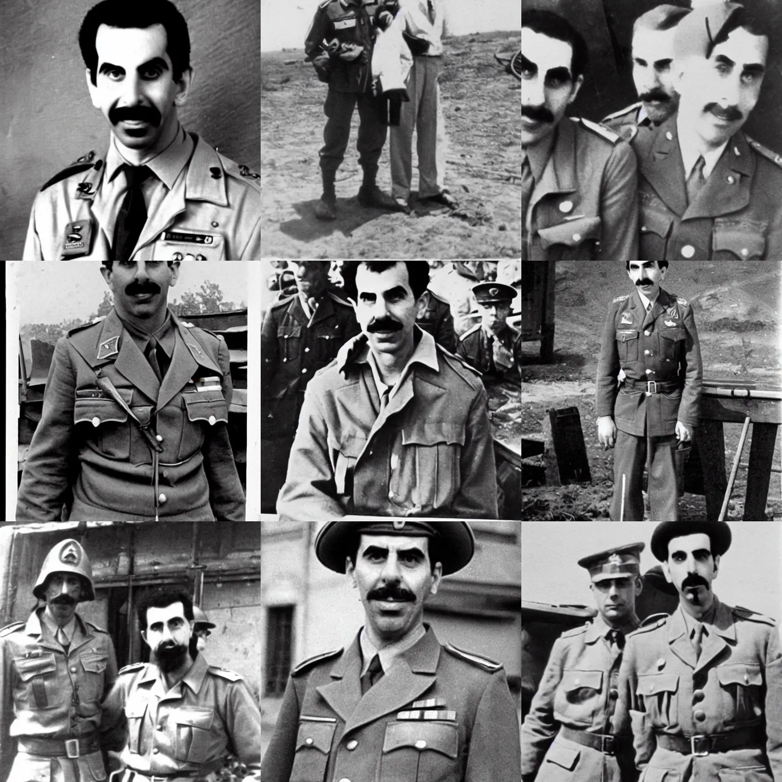Prompt: Borat in World War 2, old BW photo
