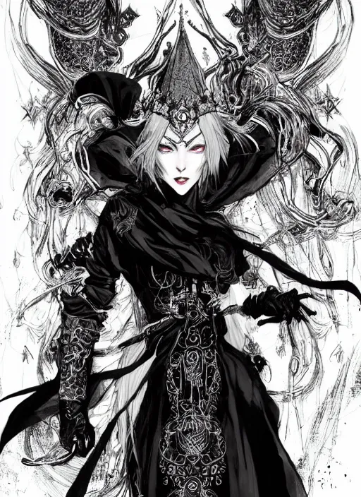 Image similar to beautiful human witch with blonde short curtly hair in intricate ornate witch robe, haughty evil look, witch hat. in style of yoji shinkawa and hyung - tae kim, trending on artstation, dark fantasy, great composition, concept art, highly detailed, dynamic pose.