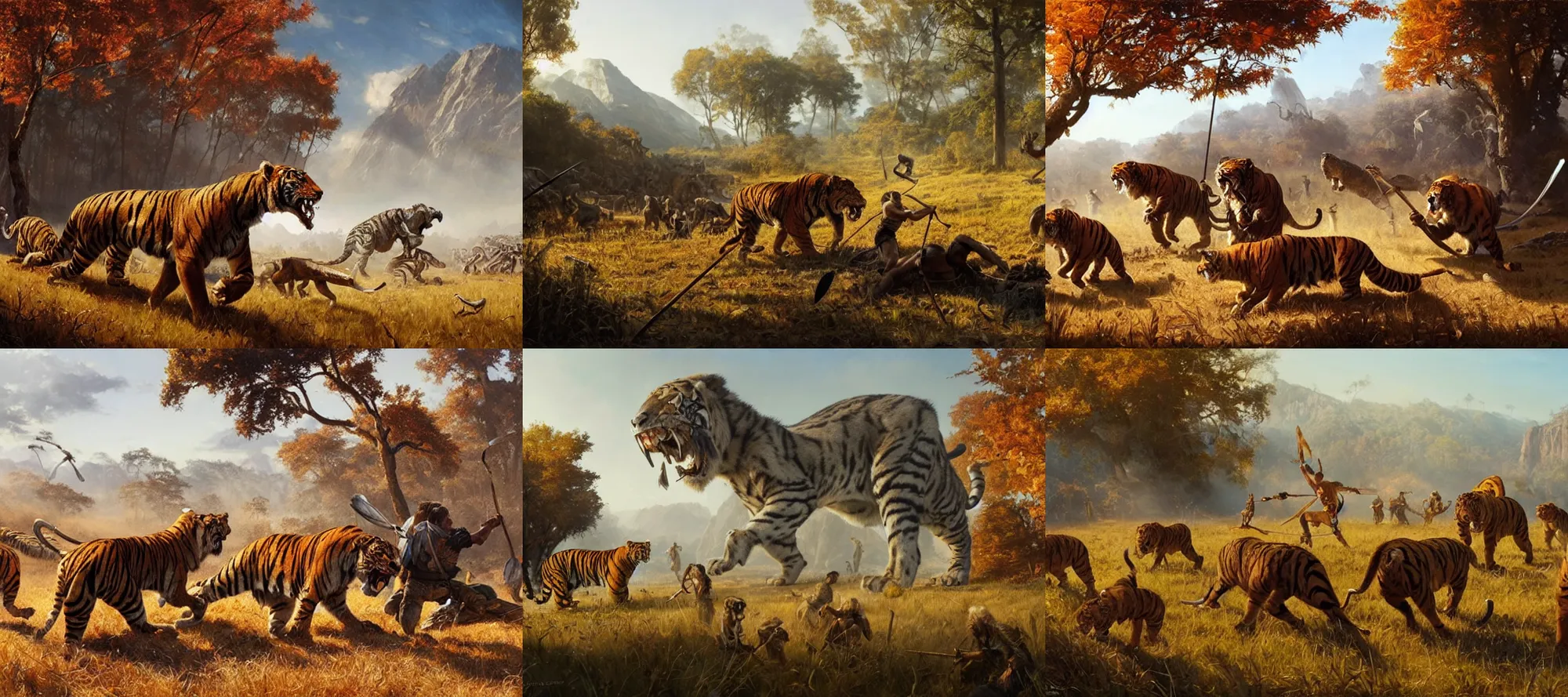 Prompt: epic scene of prehistoric hunter gatherers facing a sabre tooth tiger with spears, autumn season, clear and beautiful sunny weather, epic feels, high details, oil painting by greg rutkowski and craig mullins, 8 k
