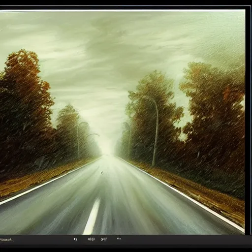 Prompt: window view from a car on a long country road late at night during a storm, heavy fog, extremely detailed oil painting, highly detailed, abstract, deep aesthetic, 8 k, highly ornate intricate details, cinematic lighting, rich colors, digital artwork, beautiful scenic view, ray tracing, hyperrealistic, photorealistic, cinematic landscape, trending on artstation, concept art,