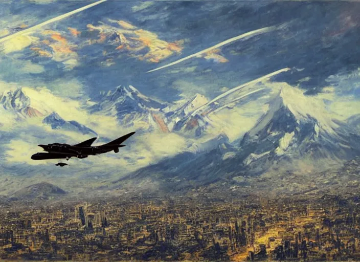 Image similar to illustration of the chilean coup d'etat of a plane flying at full speed between buildings in futuristic santiago de chile with the andes mountain range in the background in a dystopian future by john berkey and monet