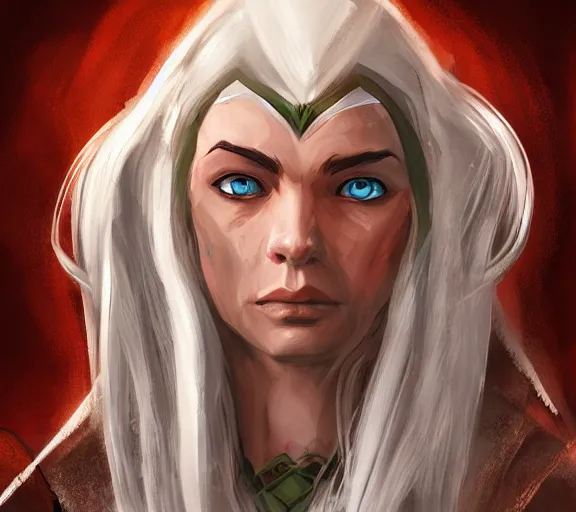 Prompt: Portrait of a powerful Elven Mage from a computer role-playing game in the style of Icewind Dale; masterpiece; trending on artstation; f/1.4; 90mm