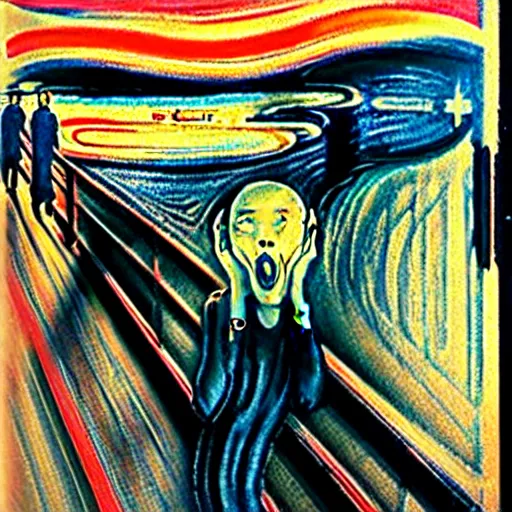 Image similar to the scream with a hat and raining on top of a hill