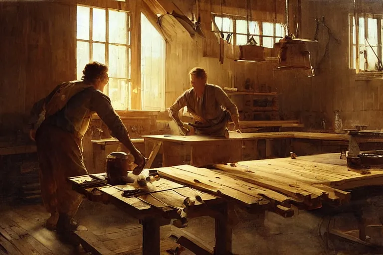 Image similar to simple craftsman fine woodworker building a wooden table in their well lit clean open workshop, art by anders zorn, wonderful masterpiece by greg rutkowski, beautiful cinematic light, american romanticism thomas lawrence, greg rutkowski