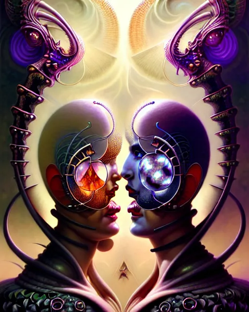 Prompt: a portrait of gemini love and hate fantasy character portrait made of fractals facing each other, ultra realistic, wide angle, intricate details, the fifth element artifacts, highly detailed by peter mohrbacher, hajime sorayama, wayne barlowe, boris vallejo, aaron horkey, gaston bussiere, craig mullins