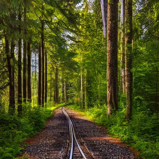 Prompt: Tram line in a forest, 8k UHD, high quality, studio photo,