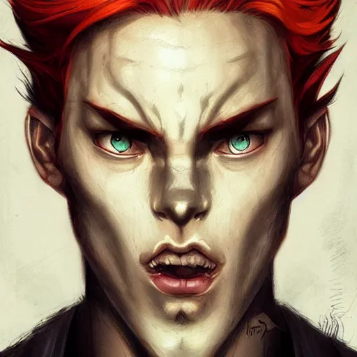 Prompt: headshot portrait of male anime character extremely sharp jaws slit yellow eyes medium red hair inspired by tom hiddleston by anato finnstark, tom bagshaw, brom