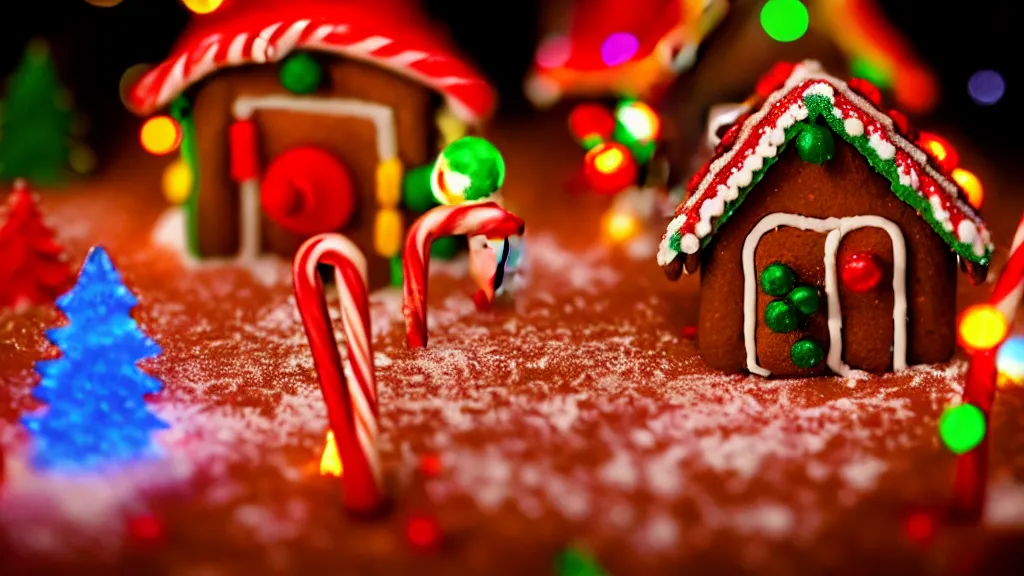 Image similar to closeup of colorful miniature gingerbread house at night, gingerbread people!!!!!!, candy canes, forest, christmas, snow, claymation, bokeh, depth of field 1 0 0 mm, cinematic scene, studio quality, visually stunning, unreal engine, octane render