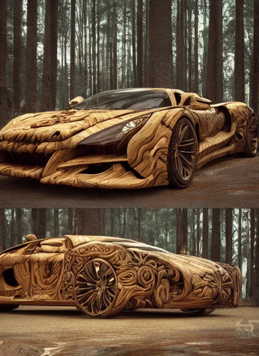 Prompt: a fancy car made out of carved woods on a forest, art style by klimt and nixeu and ian sprigger and wlop and krenz cushart, au naturel, hyper detailed, digital art, trending in artstation, cinematic lighting, studio quality, smooth render, unreal engine 5 rendered, octane rendered