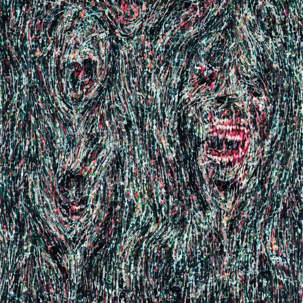 Image similar to camo made of teeth, smiling, abstract, francis bacon artwork, cryptic, dots, spots, stipple, lines, splotch, color tearing, pitch bending, faceless people, dark, ominious, eerie, hearts, minimal, points, technical, old painting, neon colors