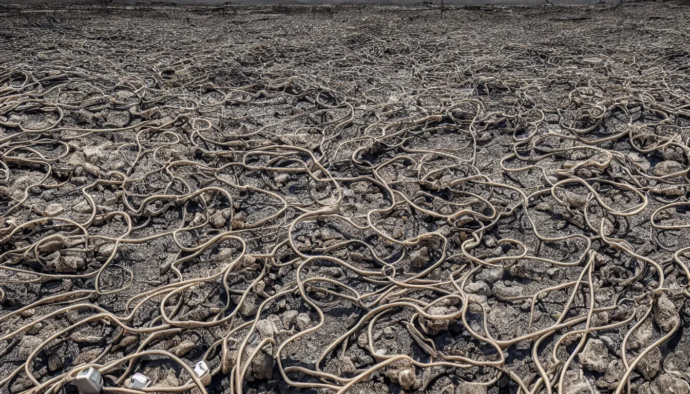 Image similar to Dry rivers scattered with hundreds of fish skeletons , decimated barren lands littered with emerging wires and cables that grow like plants , full colour , upscale , 4k