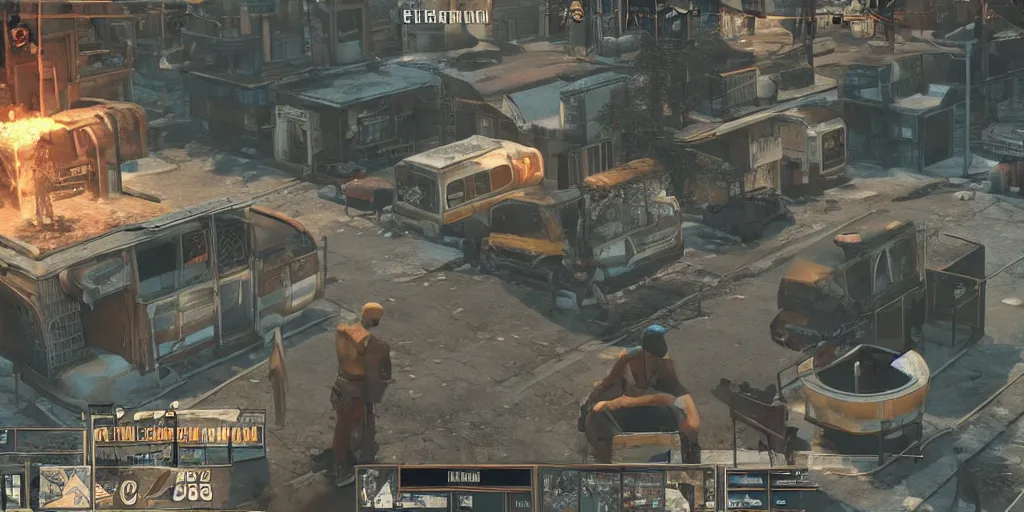 Image similar to isometric gameplay of fallout 5, hd 4 k max settings raytracing 6 0 fps