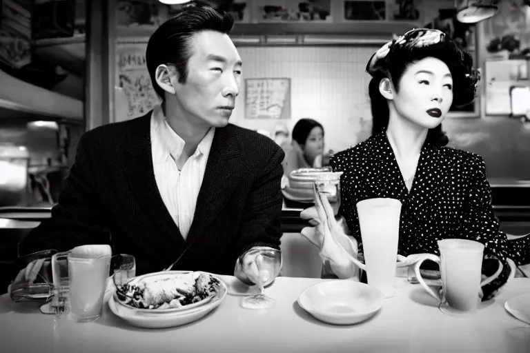 Prompt: movie interior closeup beautiful Japanese models couple closeup sitting and at 50s diner, night in the city, beautiful skin, by Emmanuel Lubezki