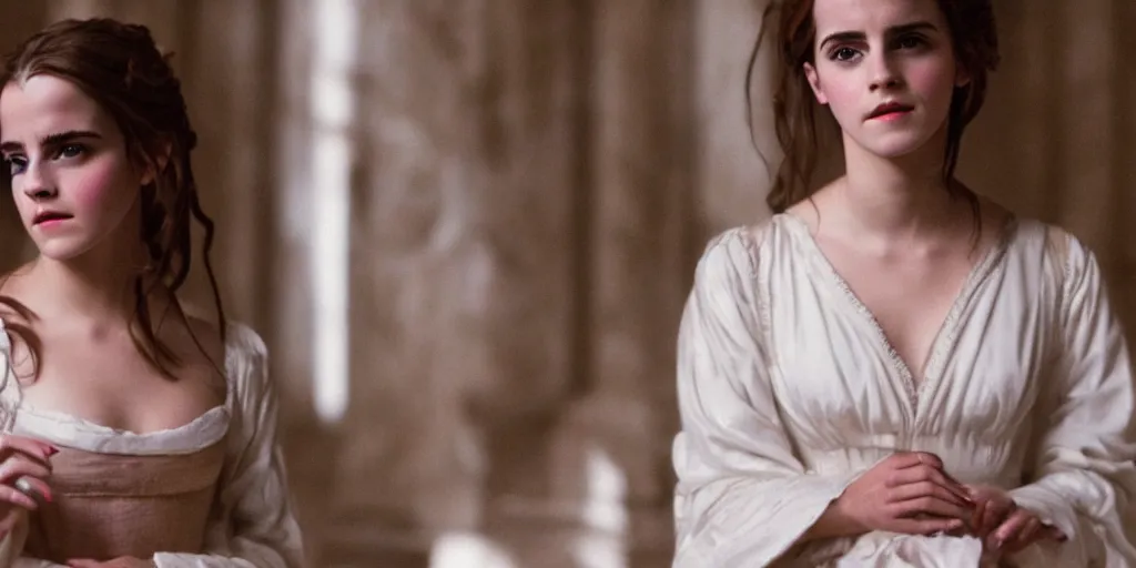 Image similar to Emma Watson long hair flowing robes baroque room cinematic lighting stanley kubrick barry lyndon Canon eos M50 50mm