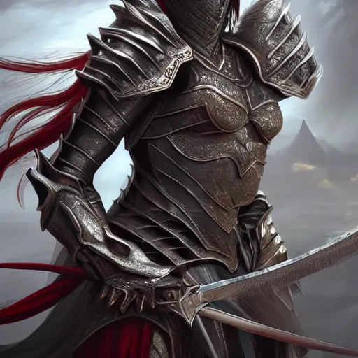 Image similar to highly detailed realistic stunning shot of a beautiful elegant anthropomorphic female dragon knight, resting a detailed and engraved longsword over her armored shoulder, sharp claws and tail, cloak flittering in the wind, high quality, HD octane render, epic cinematography, Artstation, Deviantart, Furaffinity