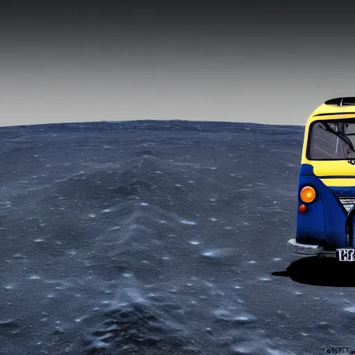 Prompt: a dark blue tuk tuk traveling on the surface of the moon, moon craters, black sky, hard lighting, matte painting, concept art, 4k