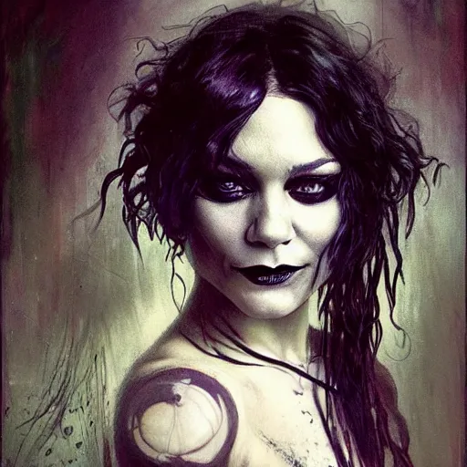 Image similar to beautiful portrait of vanessa hudgens as death from sandman, smiling, by cedric peyravernay, alphonse mucha, by jeremy mann, by lecouffe deharme, goth chic, soft lightning, eyeliner, punk rock, high detailed, 8 k