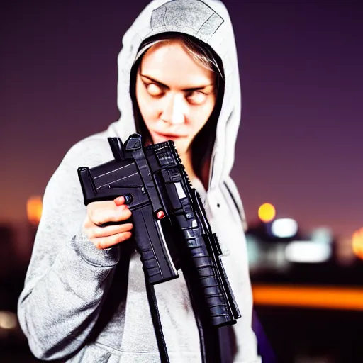 Image similar to photographic portrait of a techwear woman holding a Glock 18, closeup, on the rooftop of a futuristic city at night, sigma 85mm f/1.4, 4k, depth of field, high resolution, 4k, 8k, hd, full color