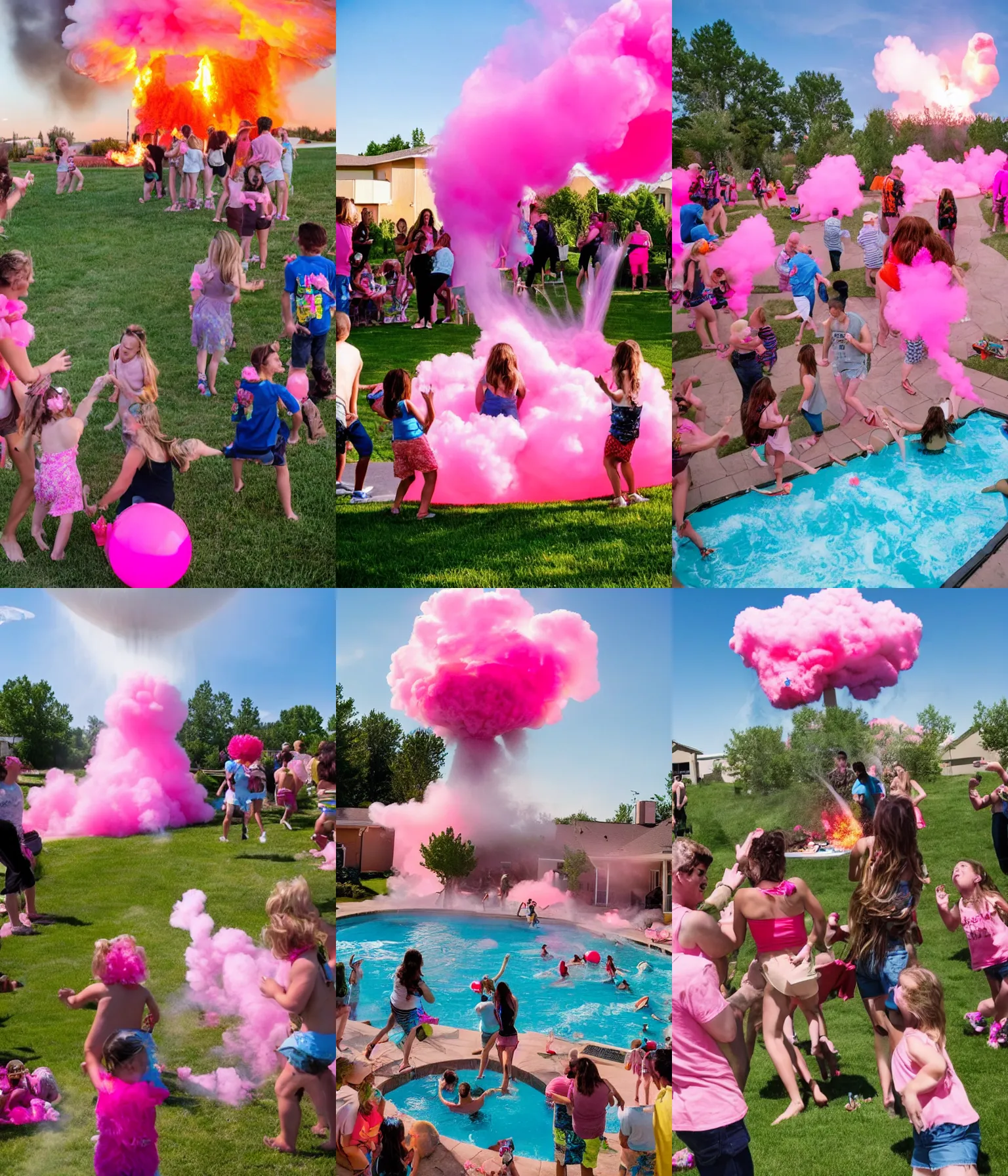 Prompt: large thermonuclear explosion at a gender reveal party at a suburban Nevada house, a large pink mushroom cloud is visible on the horizon, partiers are playing in a pool with pink water