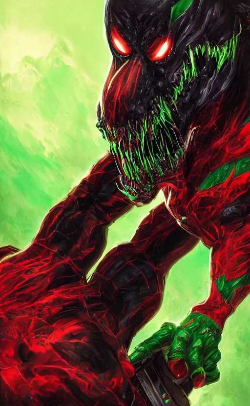 Image similar to portrait of venom as the green goblin, black and red, dynamic lighting, cinematic, ultra detailed, trending on art station, stunning visuals, creative, fantasy concept art