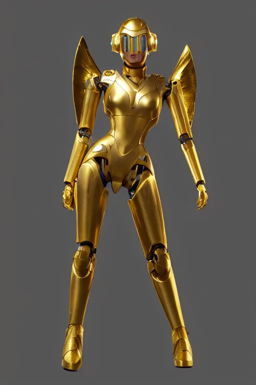 Image similar to maria of metropolis, humanoid robot, golden full body armor, deployed wings, beautiful helmet in the shape of a face, glowing yellow eyes, scifi, futuristic, raytracing, glowwave, sharp focus, cinematic lighting, artstation, divine, unreal engine 5 rendered, by fritz lang, art style by pixar warner bros dreamworks disney riot games and overwatch