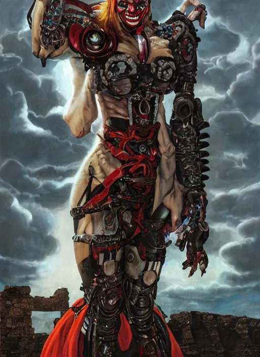 Prompt: portrait of a diabolical cyborg clown samurai girl, hair tail, torn cape, adaptive armor, dynamic pose, heavy eyes to the side, ancient ruins, glowing veins subsurface scattering, in clouds, sunset, portrait, by gerald brom, by mikhail vrubel, by peter elson, muted colors, extreme detail, reflections, trending on artstation, 8 k