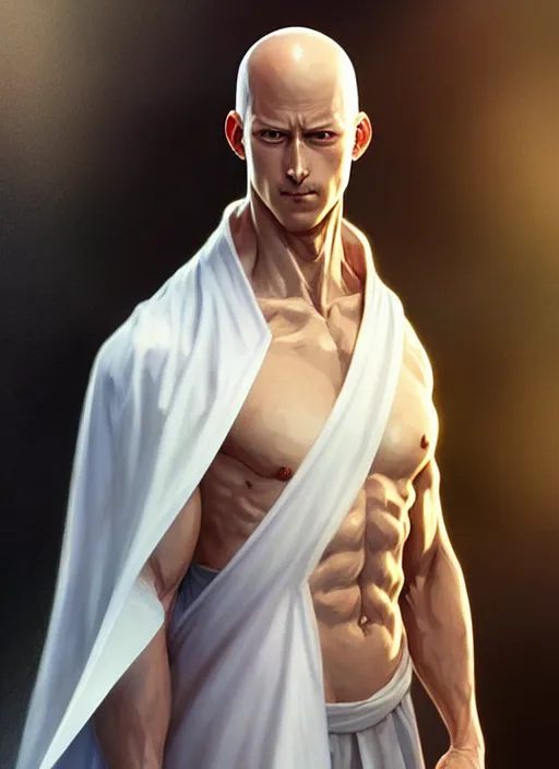 Image similar to ultra realistic illustration, handsome saitama. white cape, intricate, elegant, highly detailed, digital painting, artstation, concept art, smooth, sharp focus, illustration, art by artgerm and greg rutkowski and alphonse mucha and wlop