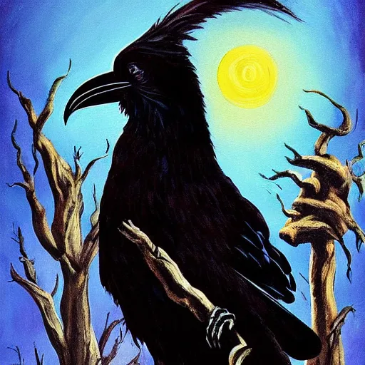 Image similar to fantasy painting of a raven by dr seuss | horror themed | creepy